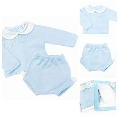023RF-704 SARDON Baby Boy Blue Pom Knit Pram Suit with Pants