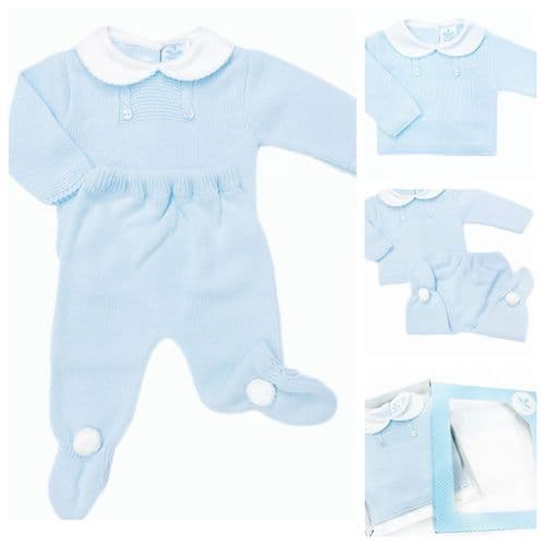 023RF-705 SARDON Baby Boy Blue Pom Knit Pram Suit with Leggings
