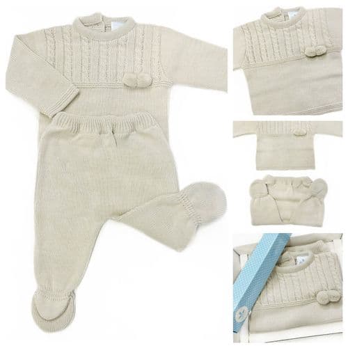 023RF-709 SARDON Baby Boy Beige Cable Knit Pom Pram Suit
