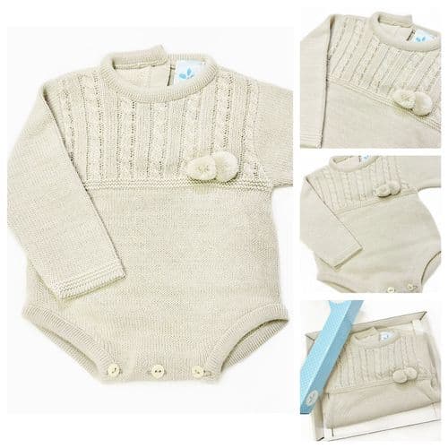 023RF-710 SARDON Baby Boy Beige Cable Knit Pom Romper Onesie