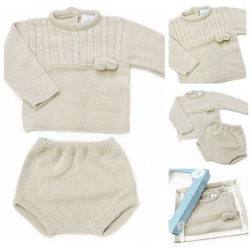 023RF-711 SARDON Baby Boy Beige Cable Knit Pom Pants Set