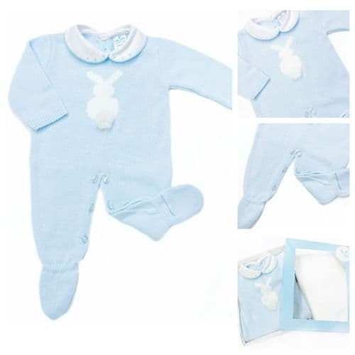 023VE-336 SARDON Baby Boy Blue Bunny Knit Bodysuit Onesie