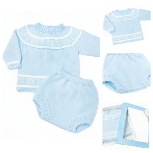 023VE-382 SARDON Baby Boy Blue Snow Flake  Knit Romper Set