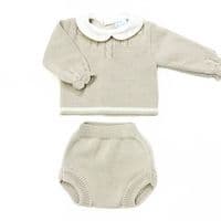 023VE-384 SARDON Baby Boy Beige Cable Knit Pram Romper Set
