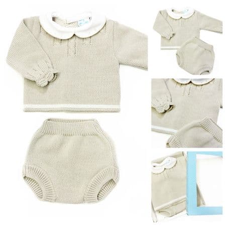 023VE-384 SARDON Baby Boy Beige Cable Knit Pram Romper Set