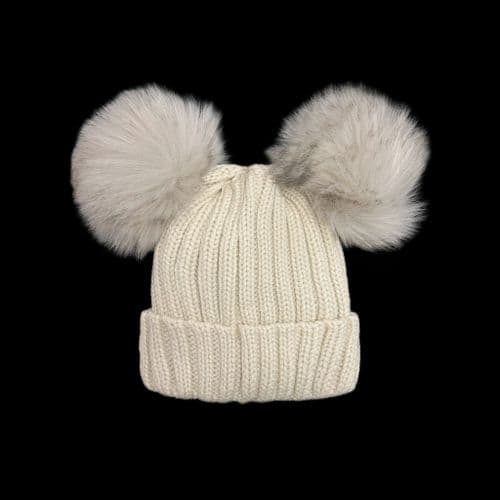 Baby Beige Double Faux Fur Pom Hat Ribbed Knit "4791APL2 Beige"