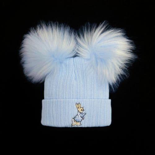 Baby Boy Blue Double Faux Fur Pom Hat Bunny Embroidery