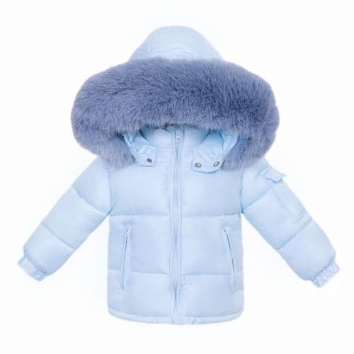 Baby Boy Blue Puffer Coat with Faux Fur Hood "MYD409B"
