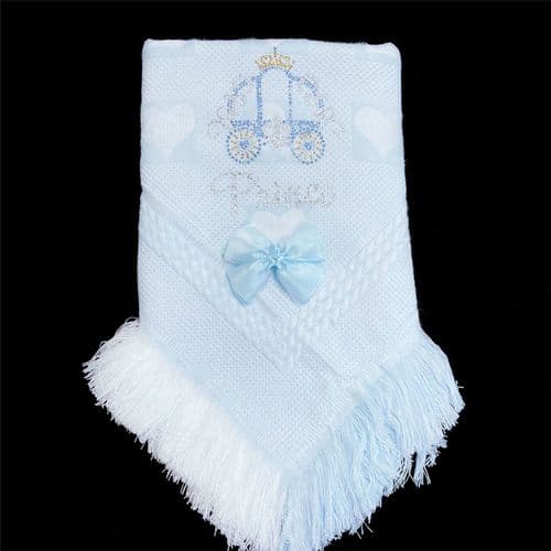 Baby Boy Blue Soft Shawl with Diamante Pattern Detached Bow "Blue Carriage"