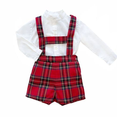 Baby Boy Red Tartan H Strap Dungaree with Shirt "2418"