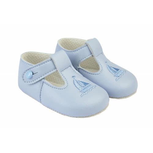 Baby Boys Embroidered Sail Boat Patent Pram Shoes "B119 Blue"