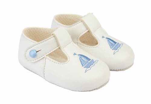 Baby Boys Embroidered Sail Boat Patent Pram Shoes "B119 White"