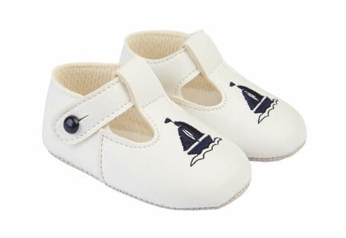 Baby Boys Embroidered Sail Boat Patent Pram Shoes "B119 White / Navy"