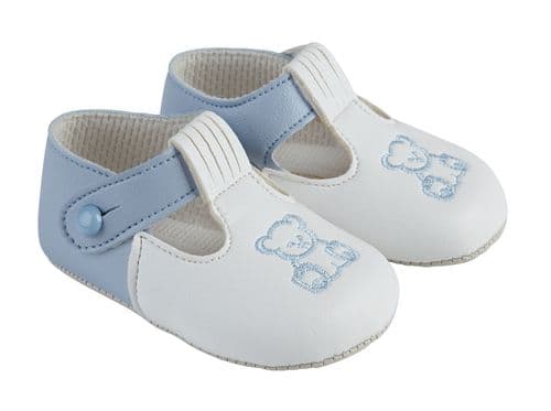 Baby Boys Embroidered Teddy Button Bar Patent Pram Shoes "B117 Blue White Blue"
