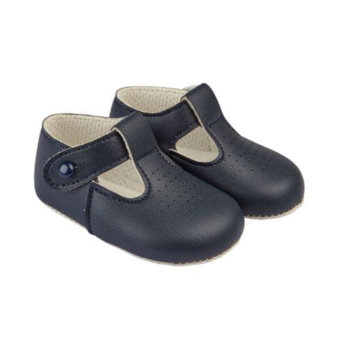 Baby Boys T-Bar & Punch Detail Patent Pram Shoes "B625 Navy"