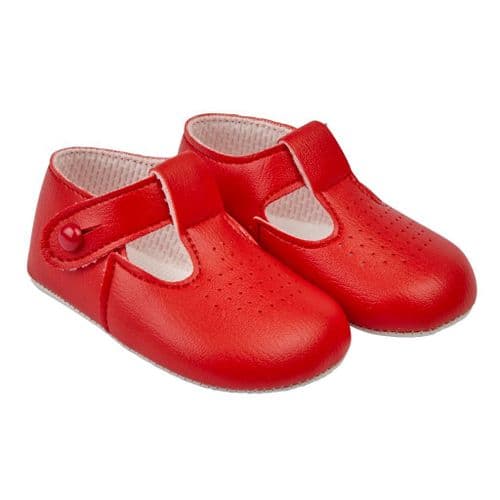 Baby Boys T-Bar & Punch Detail Patent Pram Shoes "B625 Red"
