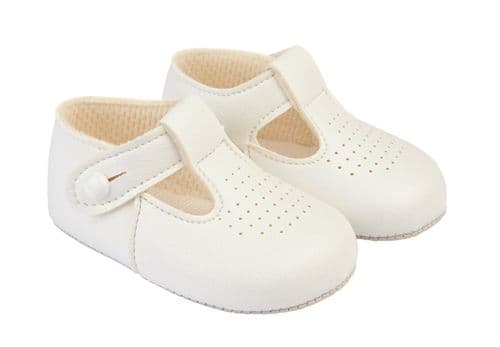 Baby Boys T-Bar & Punch Detail Patent Pram Shoes "B625 White"