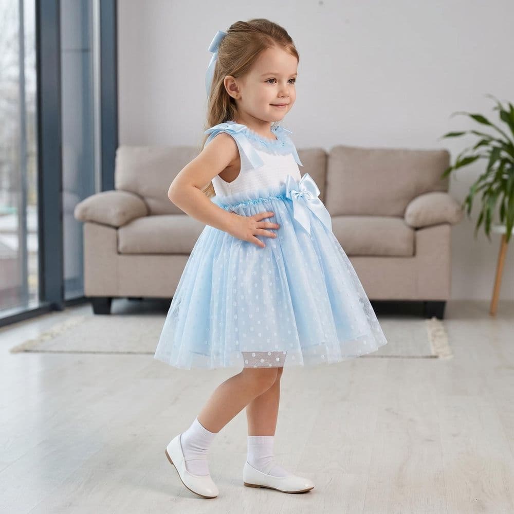 Baby Girl Blue Tulle Mesh Dress Satin Bow "2508 Blue"