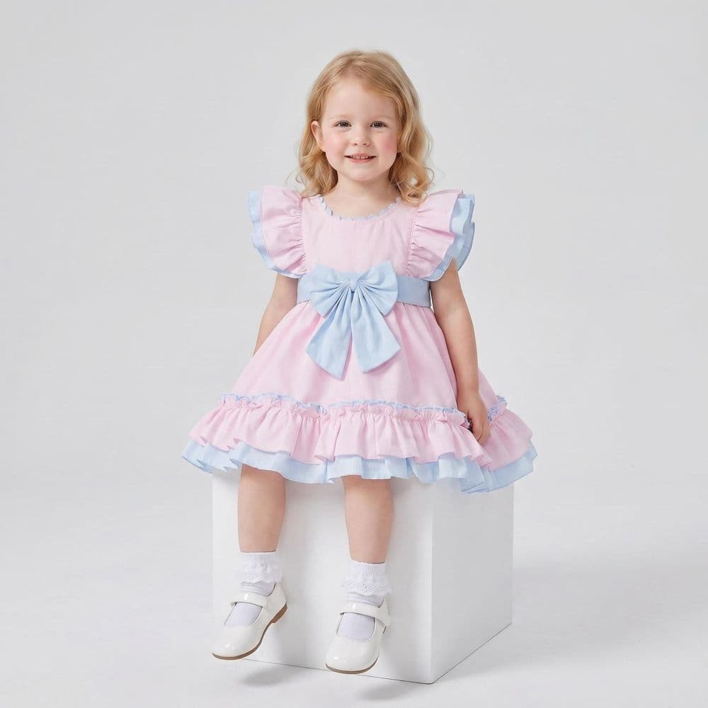 Baby Girl Cotton Pink with Blue Puff Ball Dress "2614"