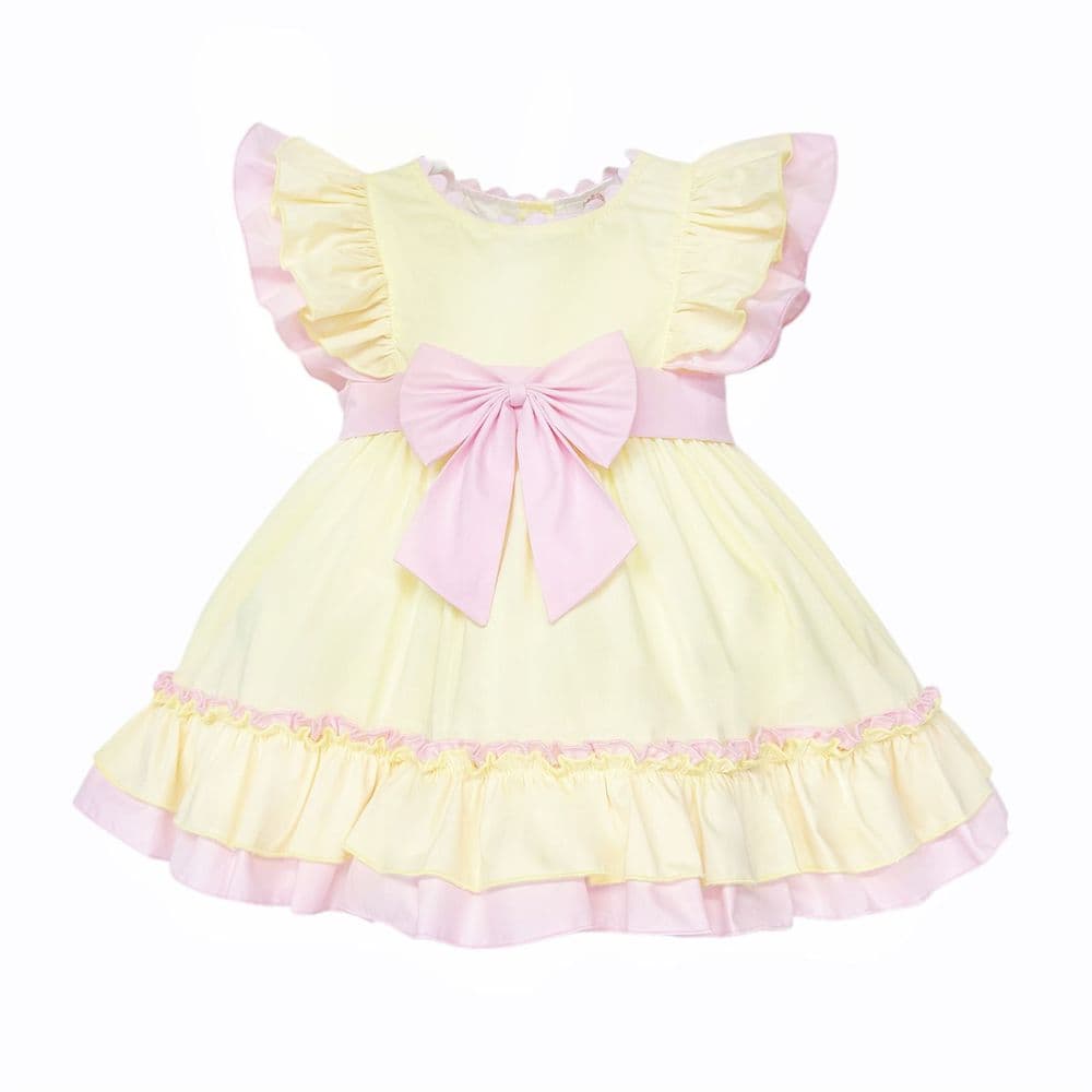 Baby Girl Cotton Yellow with Pink Bow Puff Dress "2609"