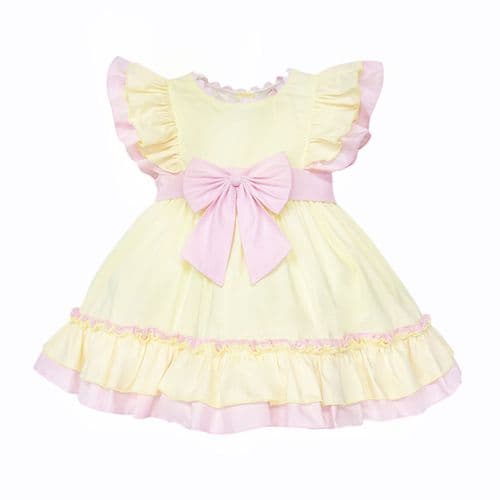 Baby Girl Cotton Yellow with Pink Bow Puff Dress "2609"