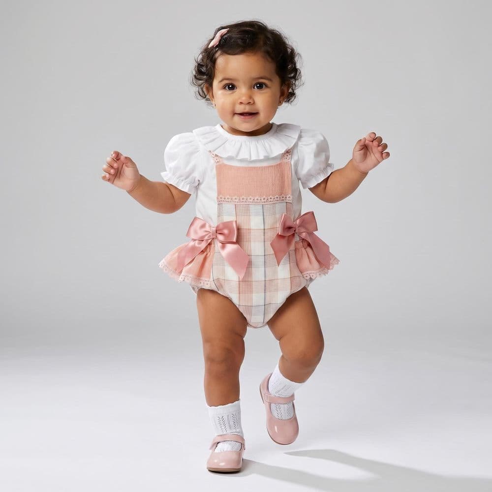 Baby Girl Dusty Pink Checked Sheer Frilly Bottom Romper With Top "MYD26053"