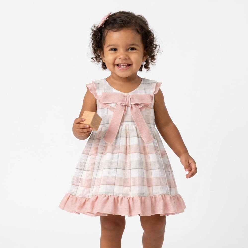 Baby Girl Dusty Pink Checked Sheer Puff Dress with Pants "MYD26054"