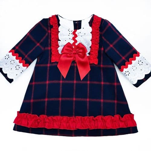 Baby Girl Navy Red Long Sleeve A Line Dress Tartan Frilly Collar Details 2049 Navy