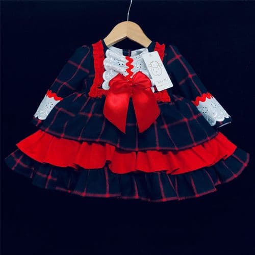 Baby Girl Navy&Red Spanish Tartan Dress Puff Ball Wool Blend "2051 Navy"