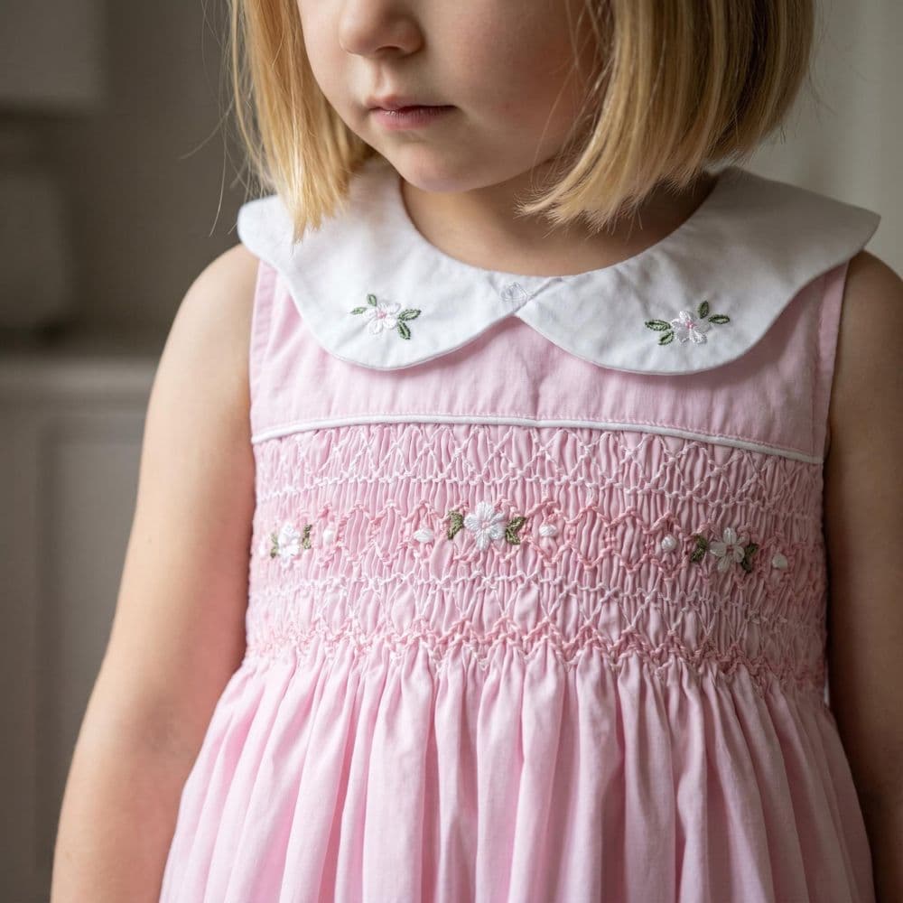 Baby Girl Pink Cotton Hand Smocked Petal Collar Dress "2514"