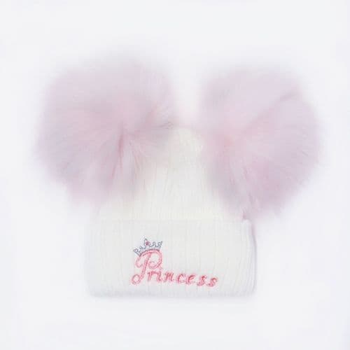 Baby Girl Pink Double Faux Fur Pom Hat Princess Embroidery