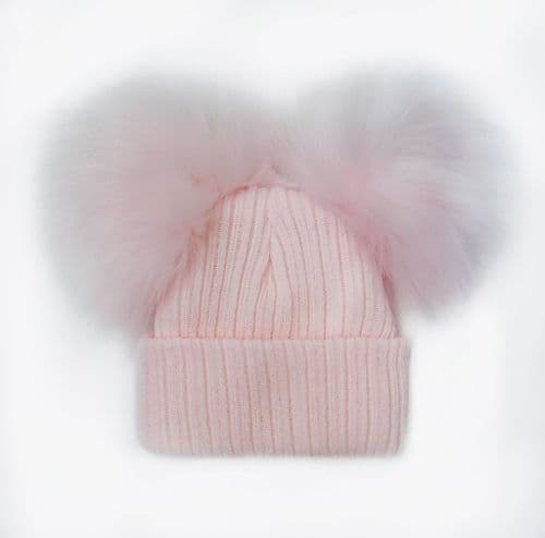 Baby Girl Pink Double Faux Fur Pom Hat Ribbed Knit