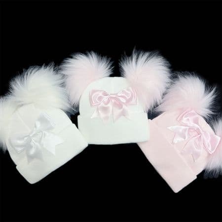 Baby Girl Pink Double Faux Fur Pom Hat with Bow