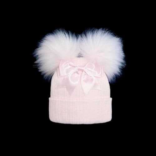 Baby Girl Pink Double Faux Fur Pom Hat with Bow