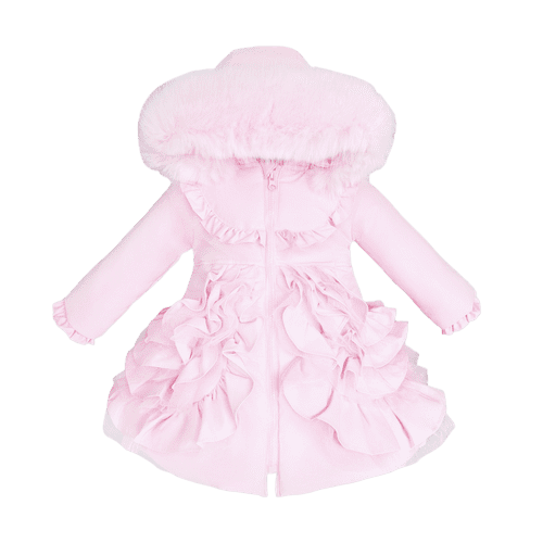Baby Girl Pink Frilly Bottoms Puff Coat with Faux Fur Hood "MYD415 Pink"
