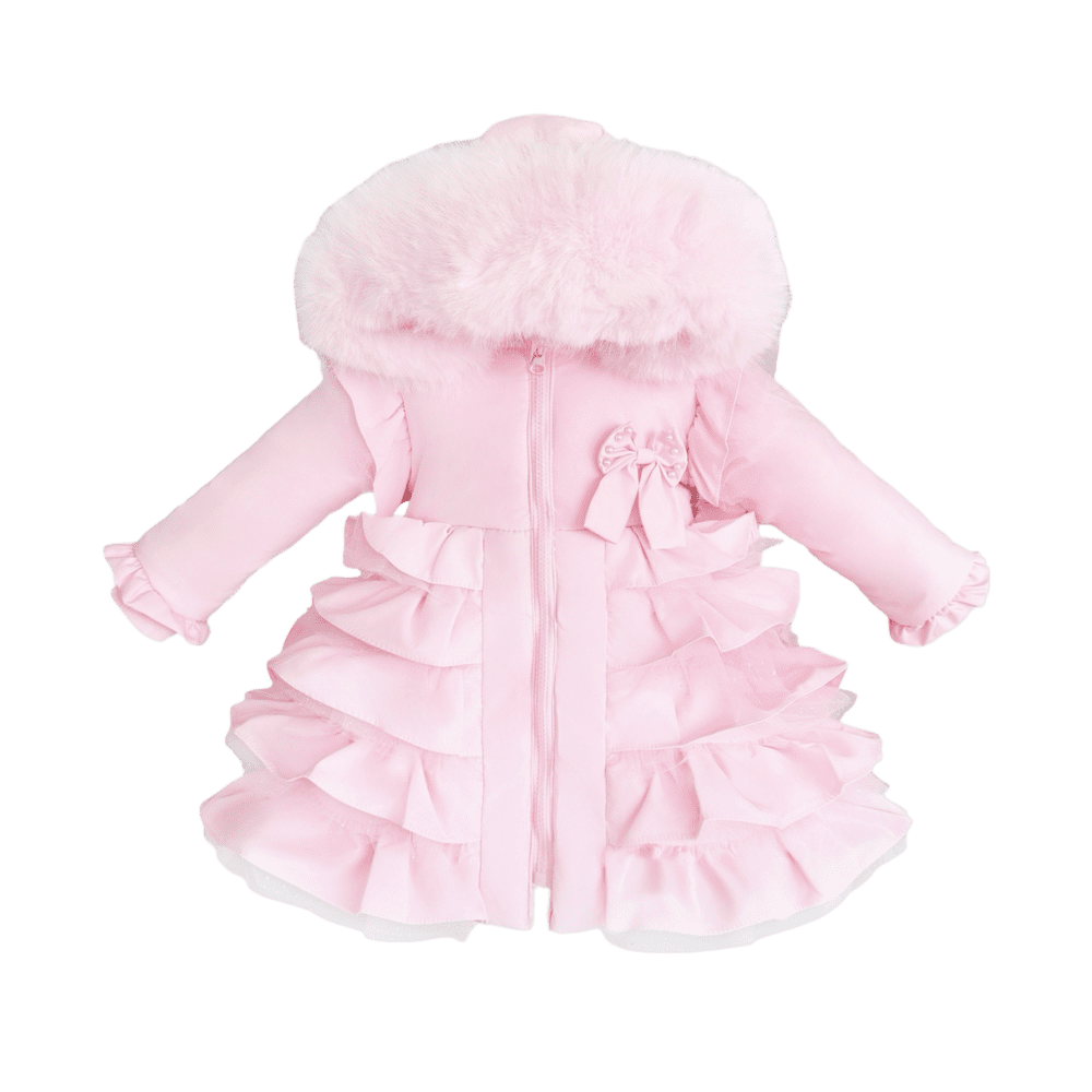 Baby Girl Pink Frilly Bottoms Puff Coat with Faux Fur Hood "MYD416 Pink"