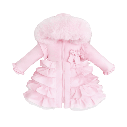 Baby Girl Pink Frilly Bottoms Puff Coat with Faux Fur Hood "MYD416 Pink"