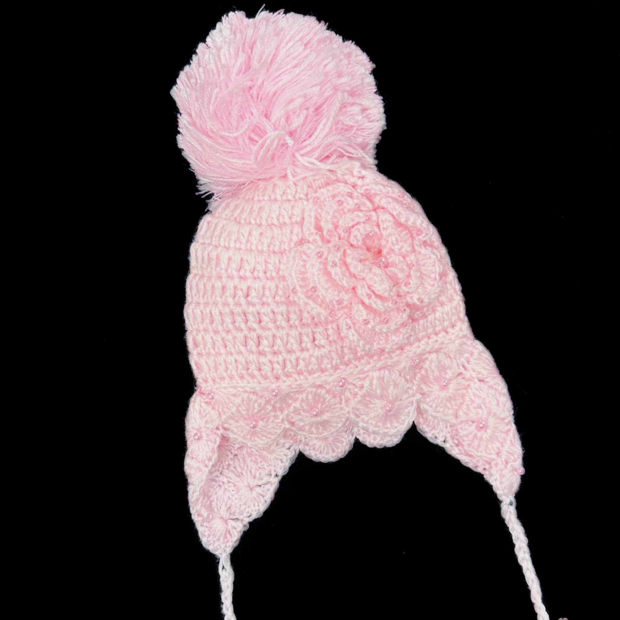 Baby Girl Pink Hand Crochet Pearl Pom Pom Hat