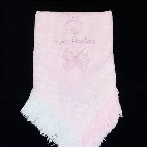Baby Girl Pink Soft Shawl with Diamante Pattern Detached Bow "Pink Just Arrived"