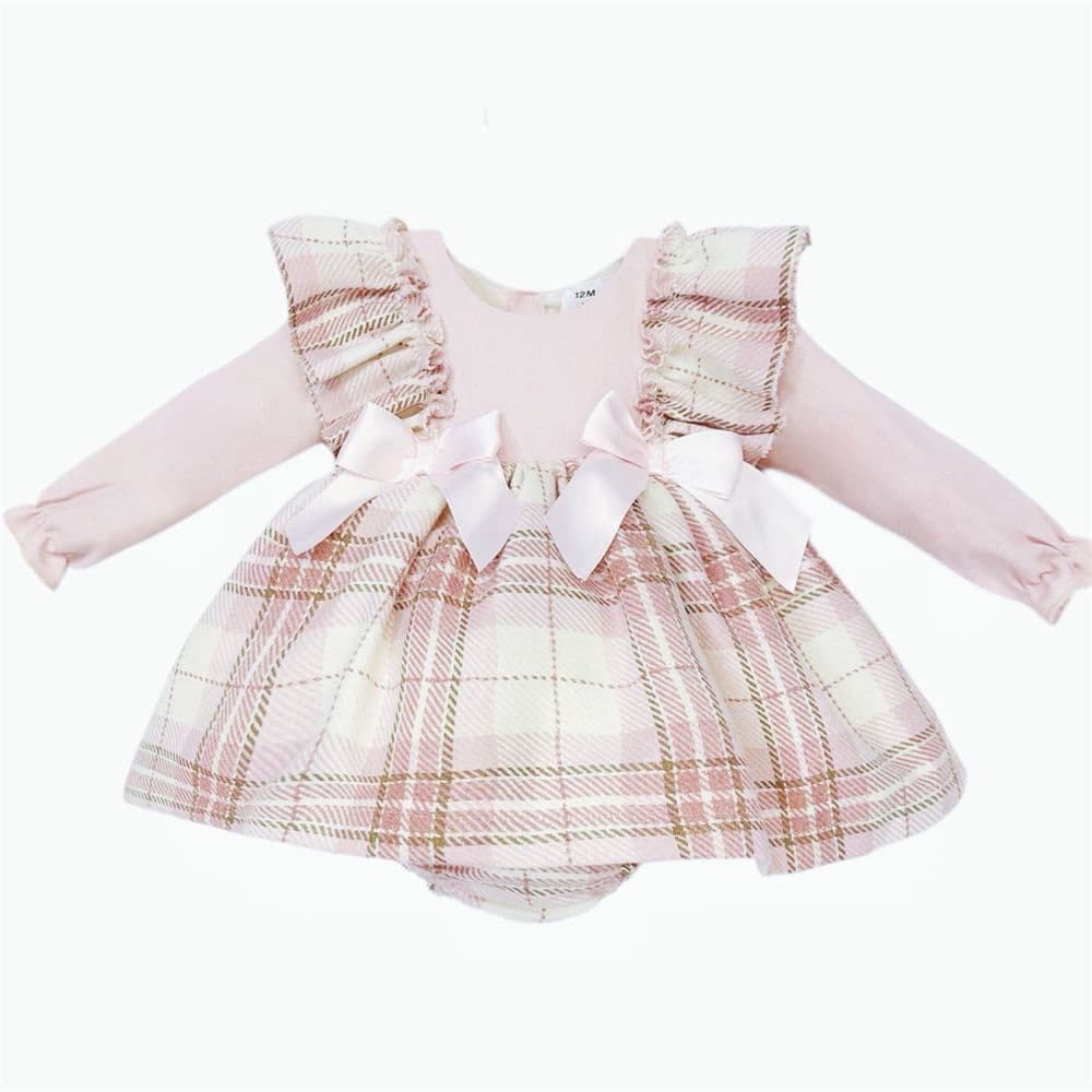 Baby Girl Pink Tartan Frilly Shoulder Puff Dress with Pants "MYD25238"