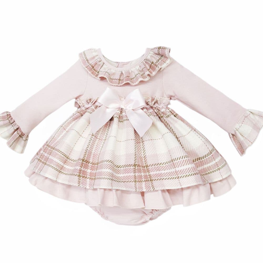 Baby Girl Pink Tartan Woven Puff Dress with Pants "MYD25236"