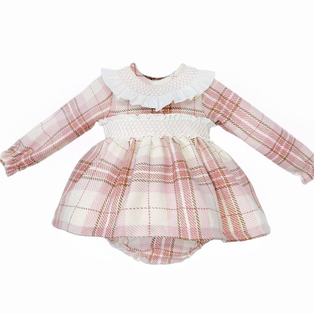 Baby Girl Pink Tartan Woven Smocked Puff Dress with Pants "MYD25237"