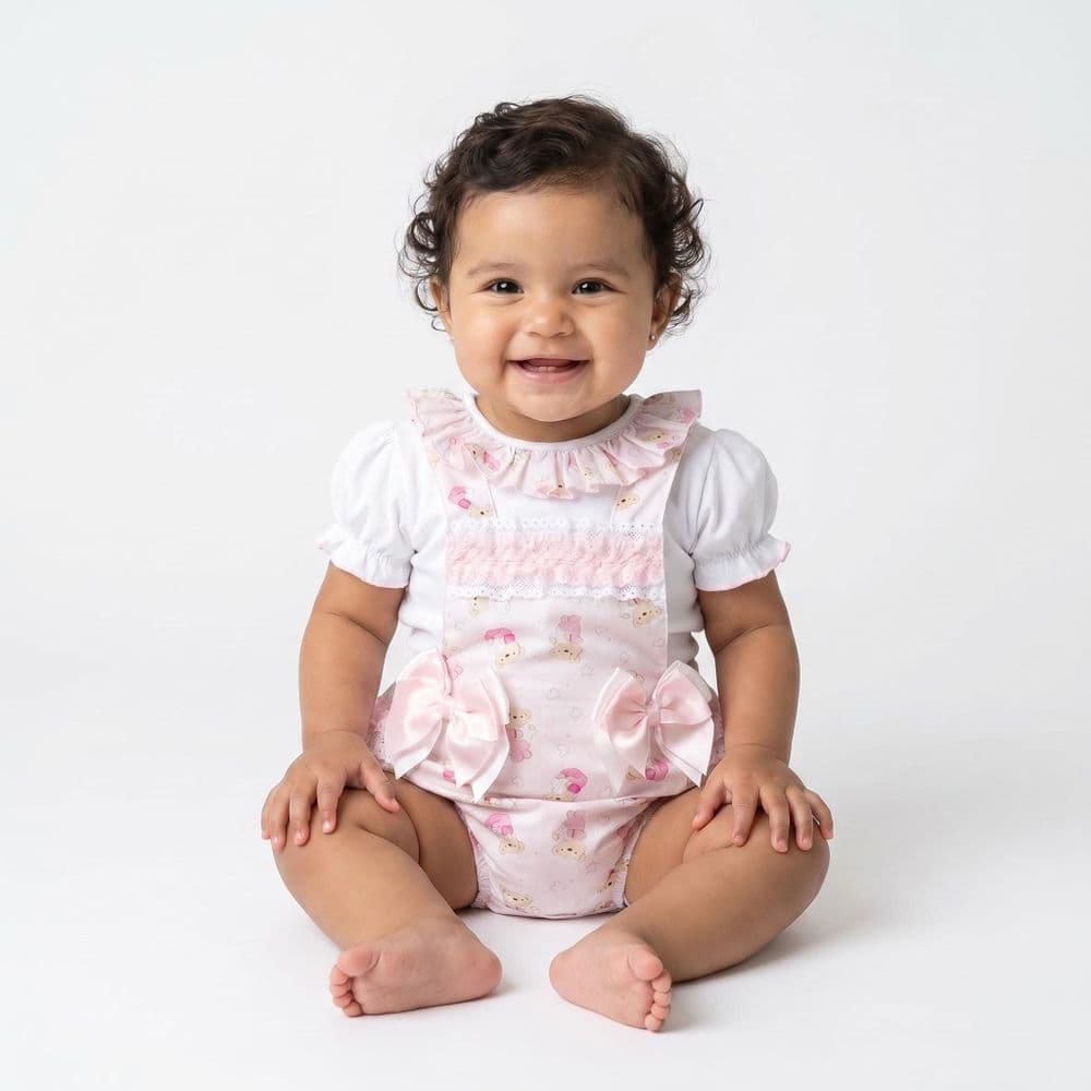 Baby Girl Pink Teddy Print Frilly Romper with Top "2516"