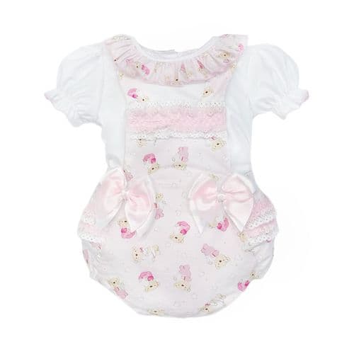 Baby Girl Pink Teddy Print Frilly Romper with Top "2516"