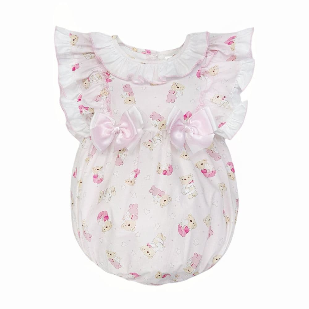 Baby Girl Pink Teddy Print Frilly Shoulder Romper "2515"