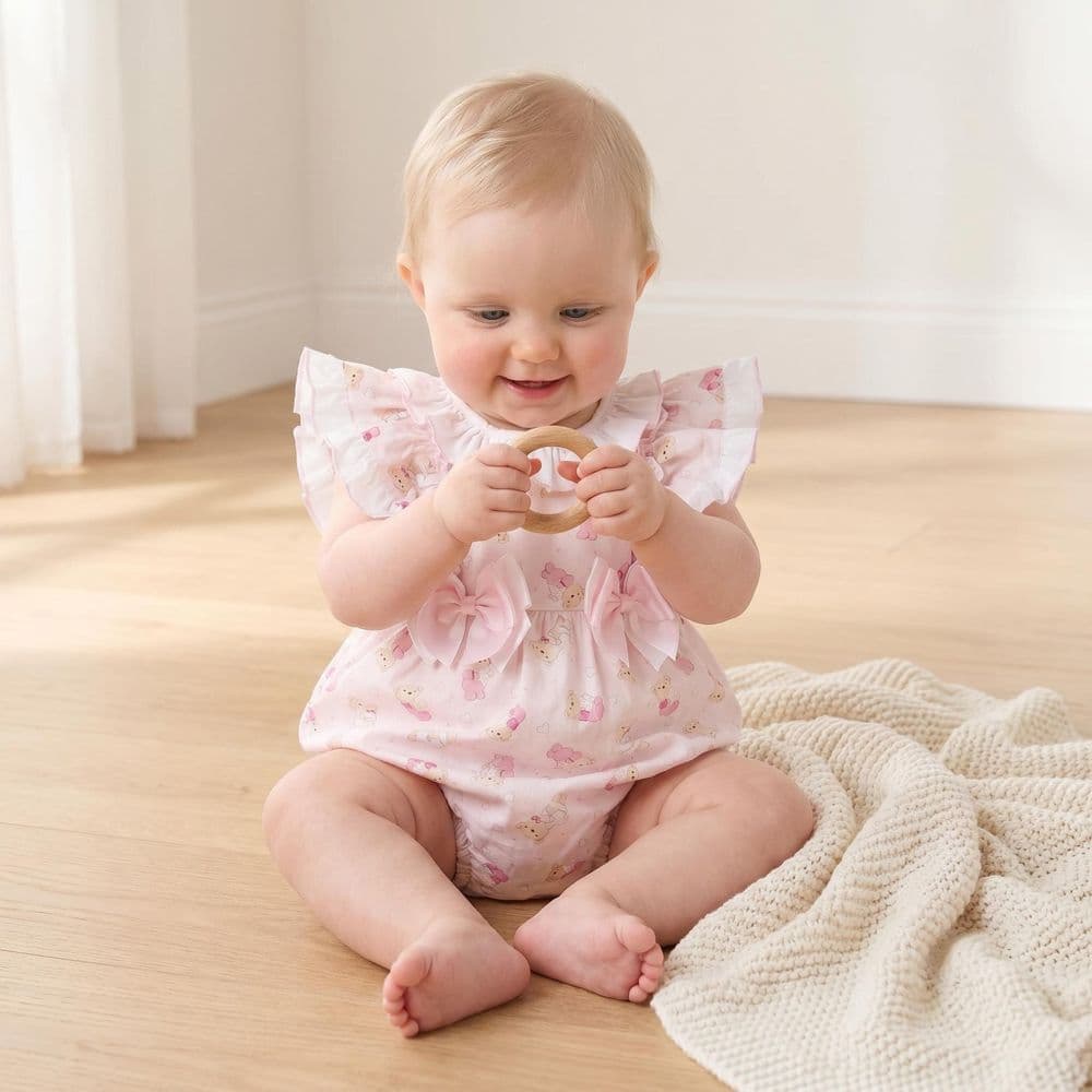 Baby Girl Pink Teddy Print Frilly Shoulder Romper "2515"