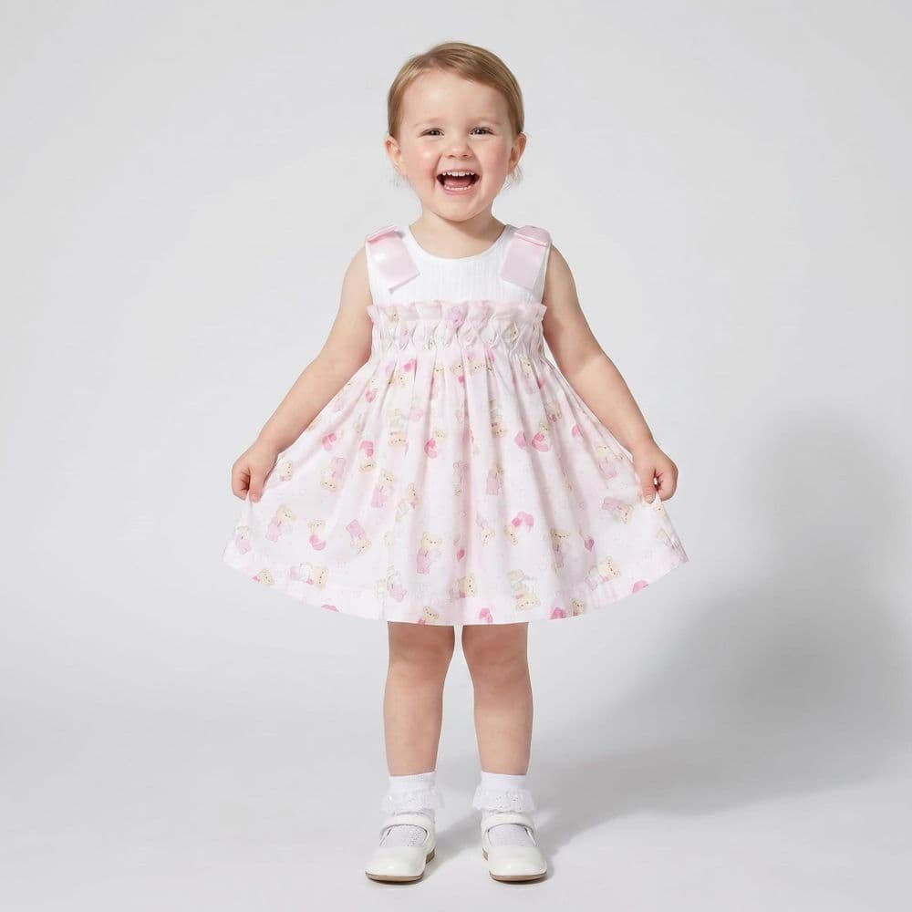 Baby Girl Pink Teddy Shoulder Bow Pearl Dress "2605"