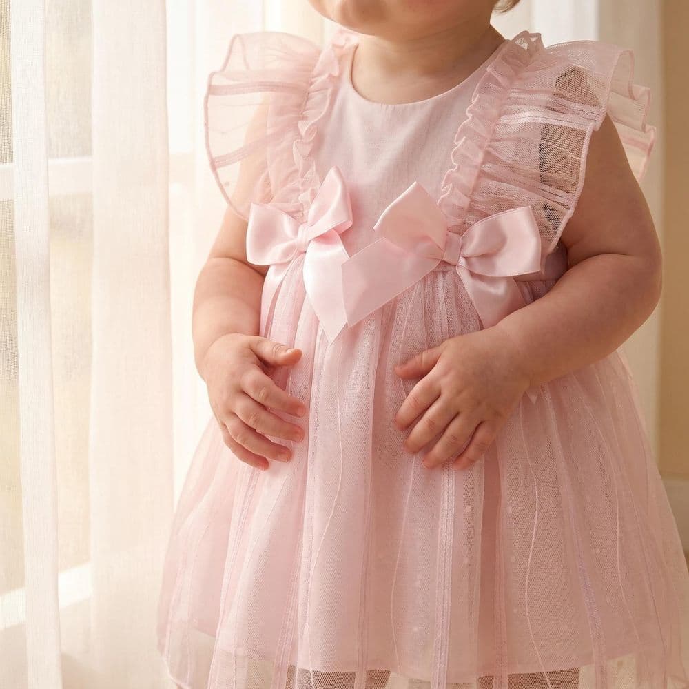 Baby Girl Pink Tulle Frilly Shoulder Puff Dress with Pants "MYD26001"