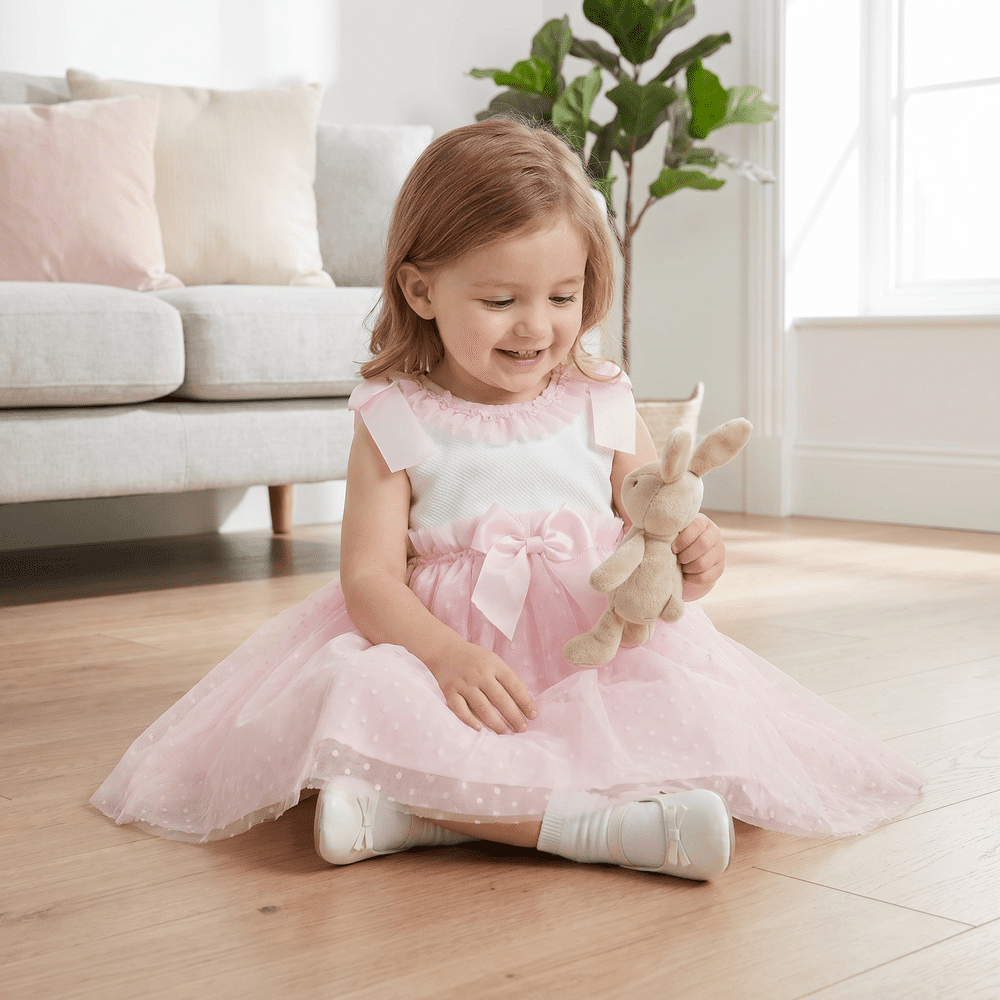 Baby Girl Pink Tulle Mesh Dress Satin Bow "2508 Pink"