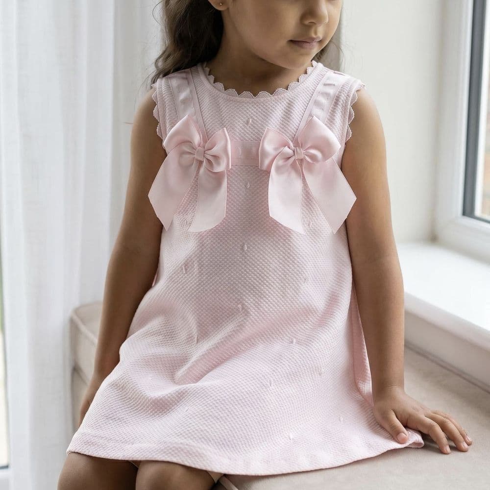 Baby Girl Pink Waffle A Line Dress Satin Bow "2517 Pink"